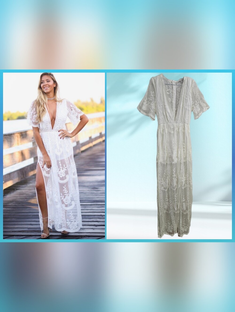Haute Monde Boho Plunging Vneck Lace Romper Maxi Dress Beach Wedding Party Dress